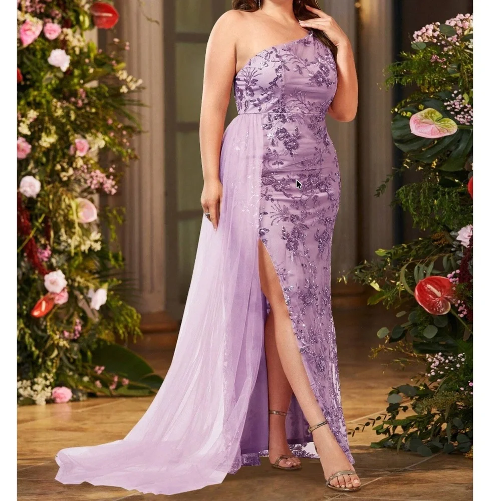 Plus Purple Floral Sequin One Shoulder Split Thigh Party Wedding Dress - Picture 2 of 5